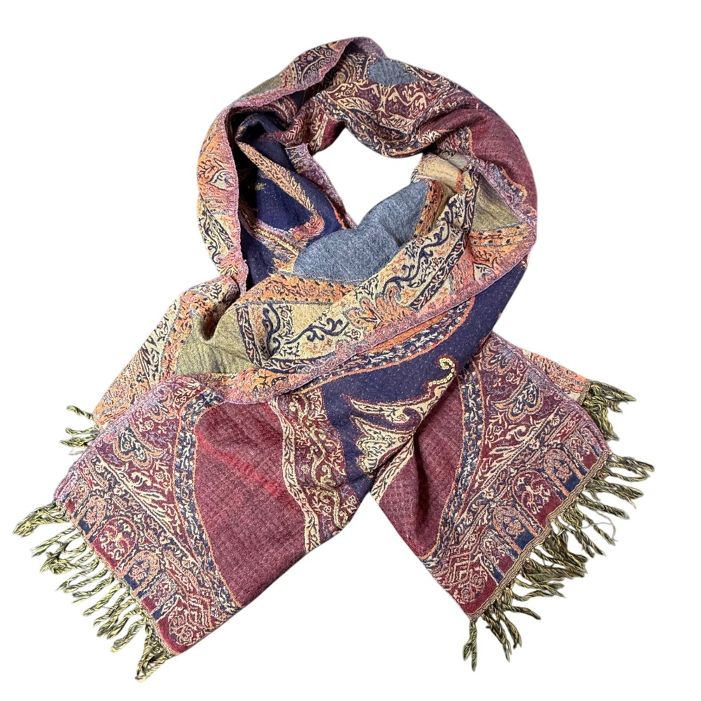 Elegant Print Wool Scarf Shawl Burgundy Gold